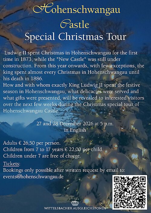 Poster announcing a special guided tour, featuring a winter photograph of an illuminated Christmas tree covered in snow 