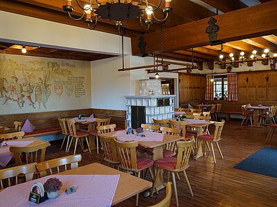 Interior view of the restaurant with wooden seating