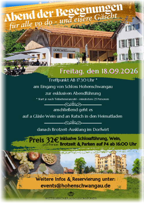 Werbeplakat mit Fotos vom Gebäude "Dorfwirt", Schloss Hohenschwangau und Weinaperitif 